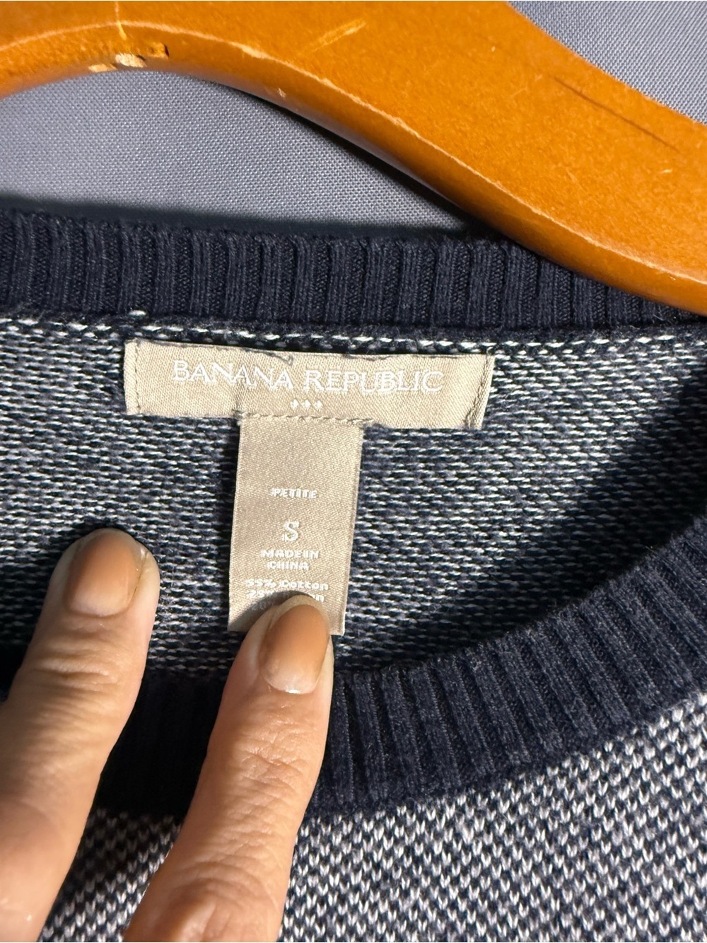 Banana Republic Gray Crewneck Sweater with Navy Trim & Shoulder Buttons - Picture 2 of 3